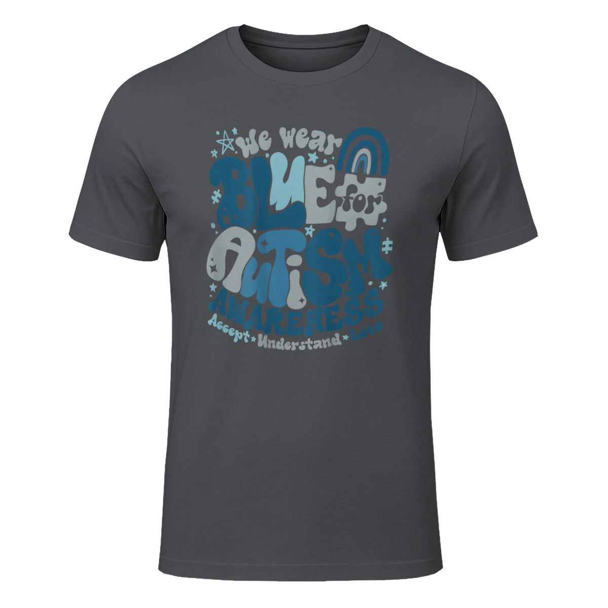In April We Wear Blue Autism Awareness T-Shirt in Charcoal - front view
