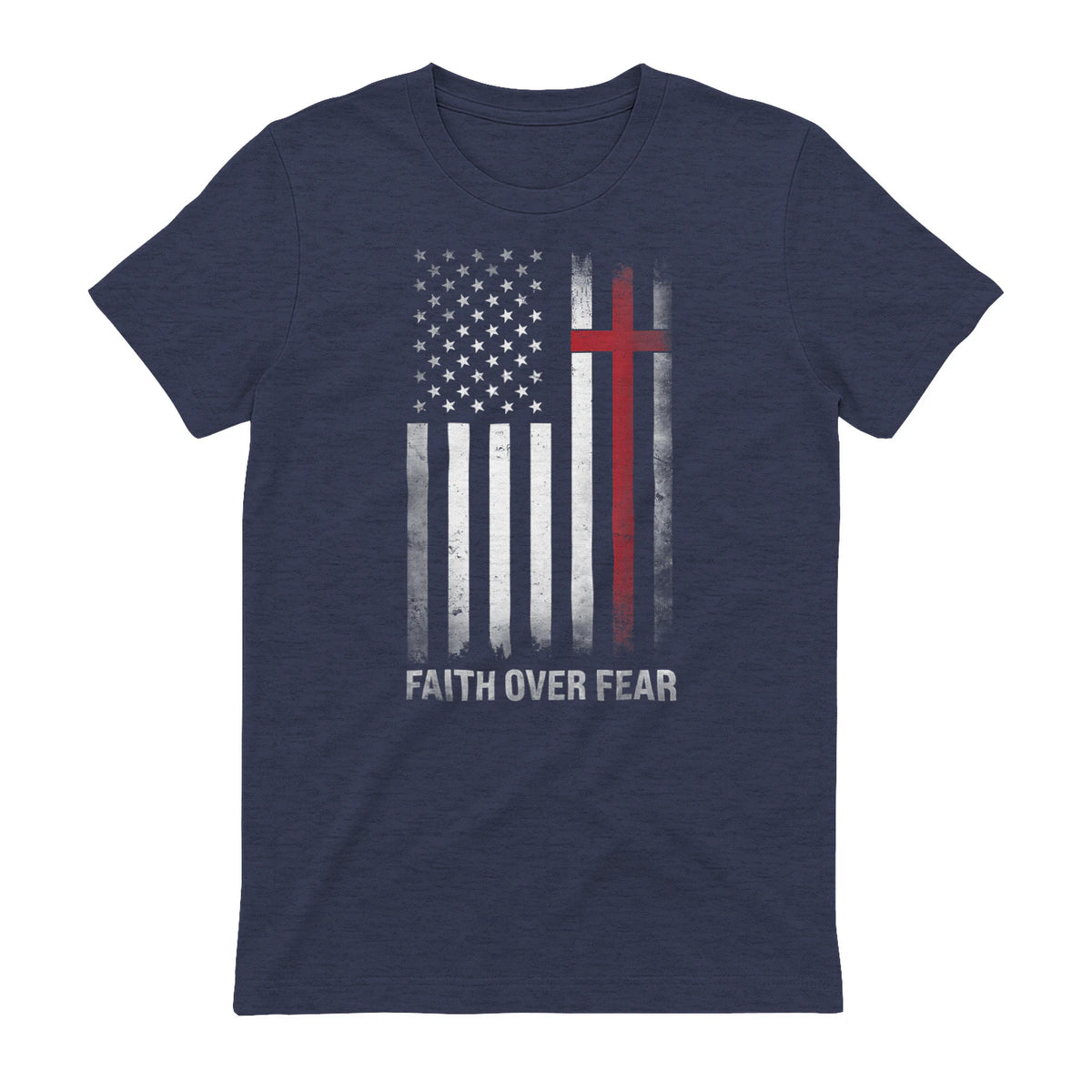 Christian US USA Flag American Christ Faith Over Fear Cross T-Shirt in Heather Navy - back view