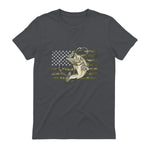 Fishing Camouflage US American Flag Bass Fish Fisherman Camo T-Shirt in Charcoal - back view