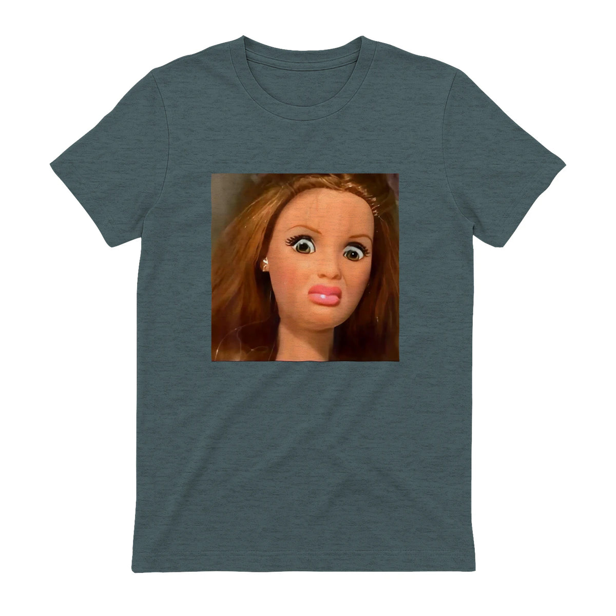 Funny Doll Face Meme Expression Hilarious Sarcastic in Dark Heather - back view