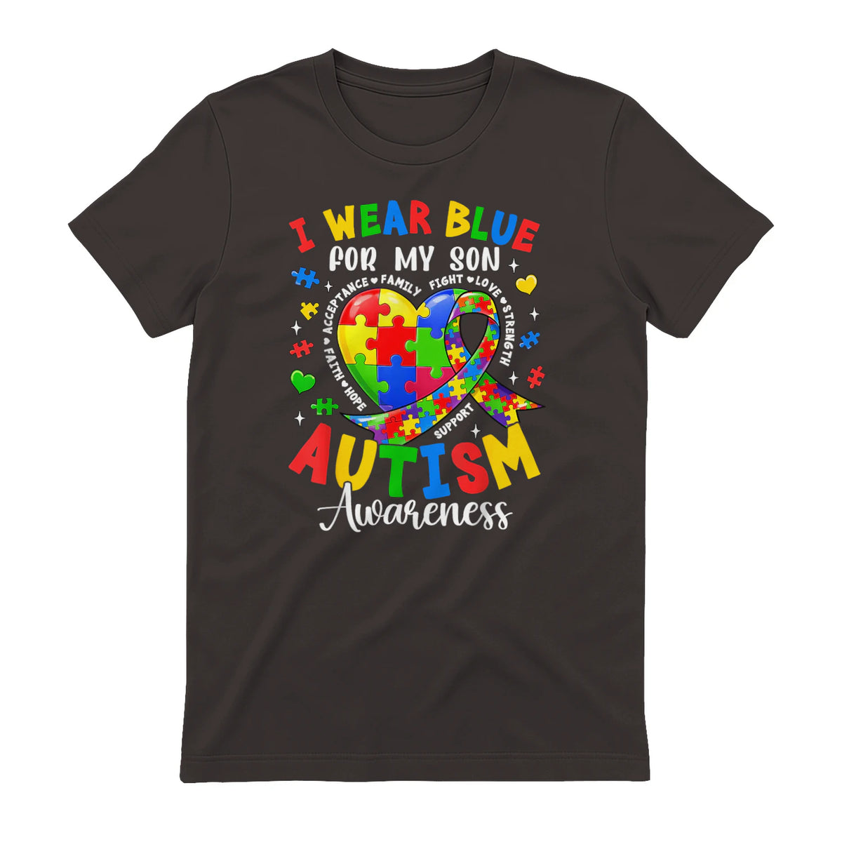 I Wear Blue for My Son Autism Awareness for Women Autism Mom in Dark Chocolate - back view