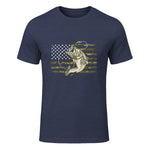 Fishing Camouflage US American Flag Bass Fish Fisherman Camo T-Shirt in Heather Navy - front view