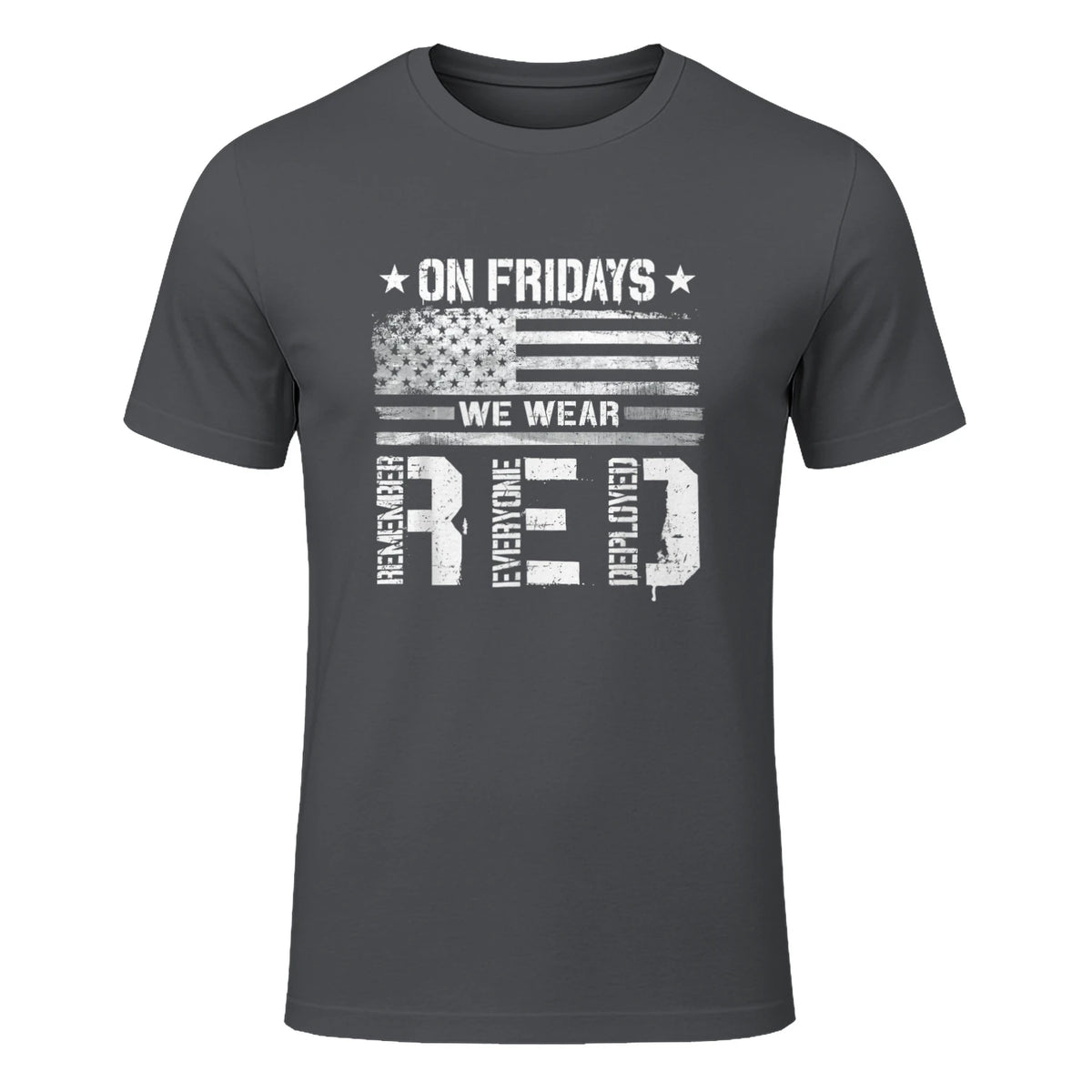 On Friday We Wear Red American Flag Military Supportive T-Shirt in Charcoal - front view