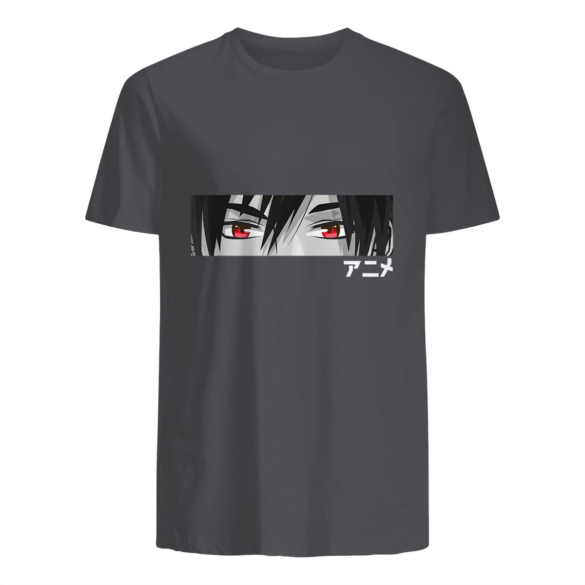 Anime in Japanese Characters Kawaii Eyes Face Short Sleeve in Charcoal - back view