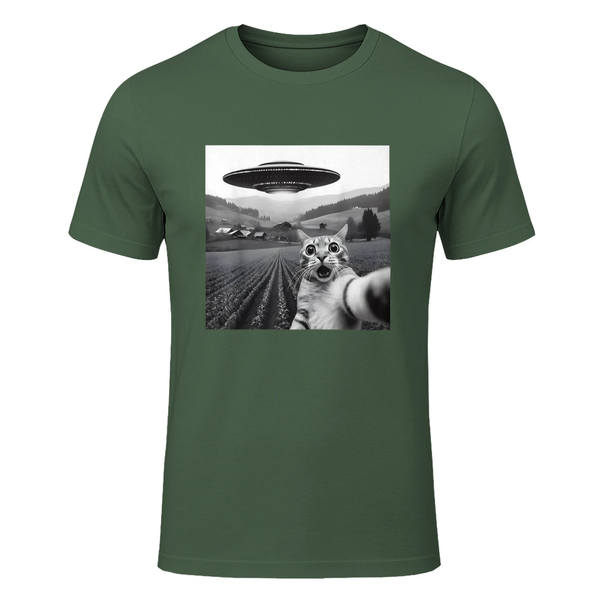 Cat Selfie With Alien UFO Funny Cat Gifts For Men Women Kid T-Shirt in Military Green - front view