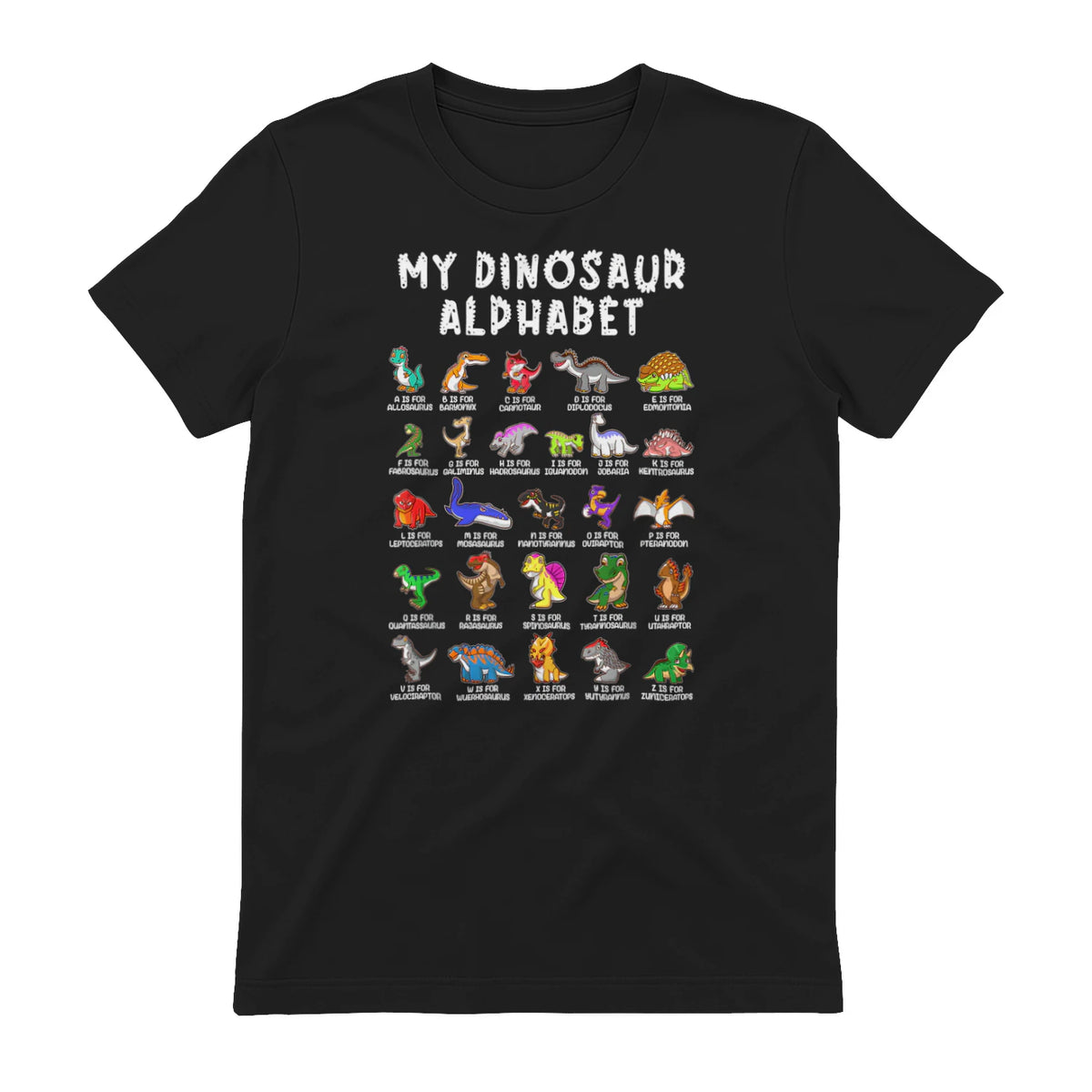 Types Of Dinosaurs Alphabet Dino Identification T-Shirt in Black - back view