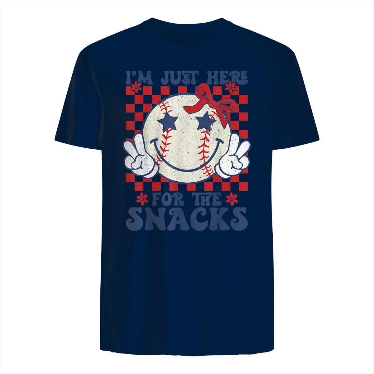 Retro Baseball Sister I'm Just Here for The Snacks Girls Mom T-Shirt in Navy - back view