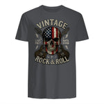 Vintage Rock Skull American Flag Guitar Retro Rock and Roll T-Shirt in Charcoal - back view