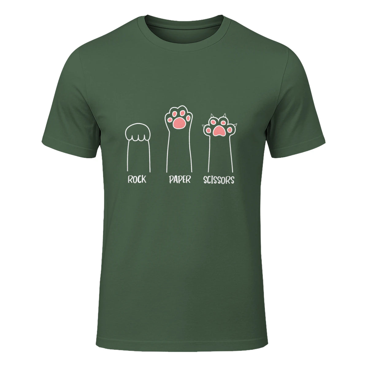 Introvert Cat Animal Rescue Pet Lover Apparel Rock Paper Scissors Hand Game Cute Paw Funny Cat T-Shirt in Military Green - front view