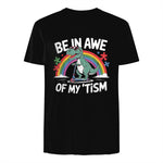 Trex Dinosaur Autism Awareness Be in Awe of My Tism Kids in Black - back view