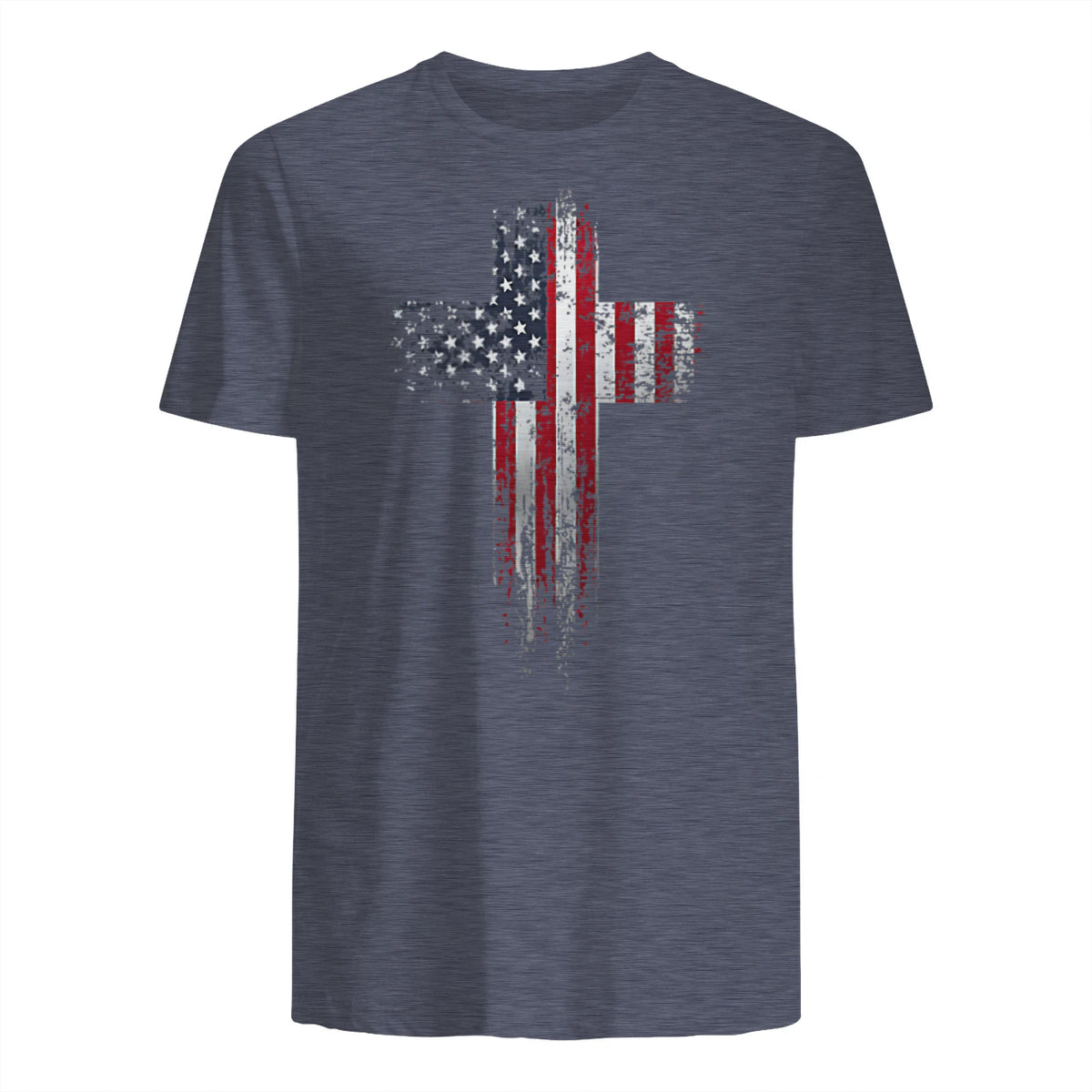 American USA Flag Christian Cross T-Shirt in Heather Navy - back view