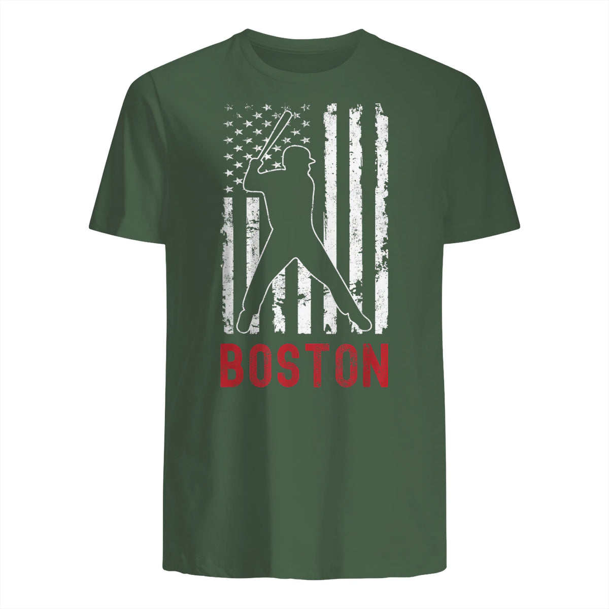 Boston Massachusetts American Flag Baseball Weathered T-Shirt in Military Green - back view