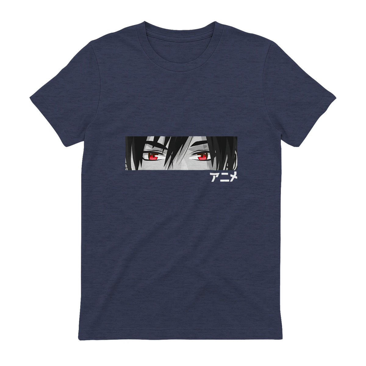 Anime in Japanese Characters Kawaii Eyes Face Short Sleeve in Heather Navy - back view