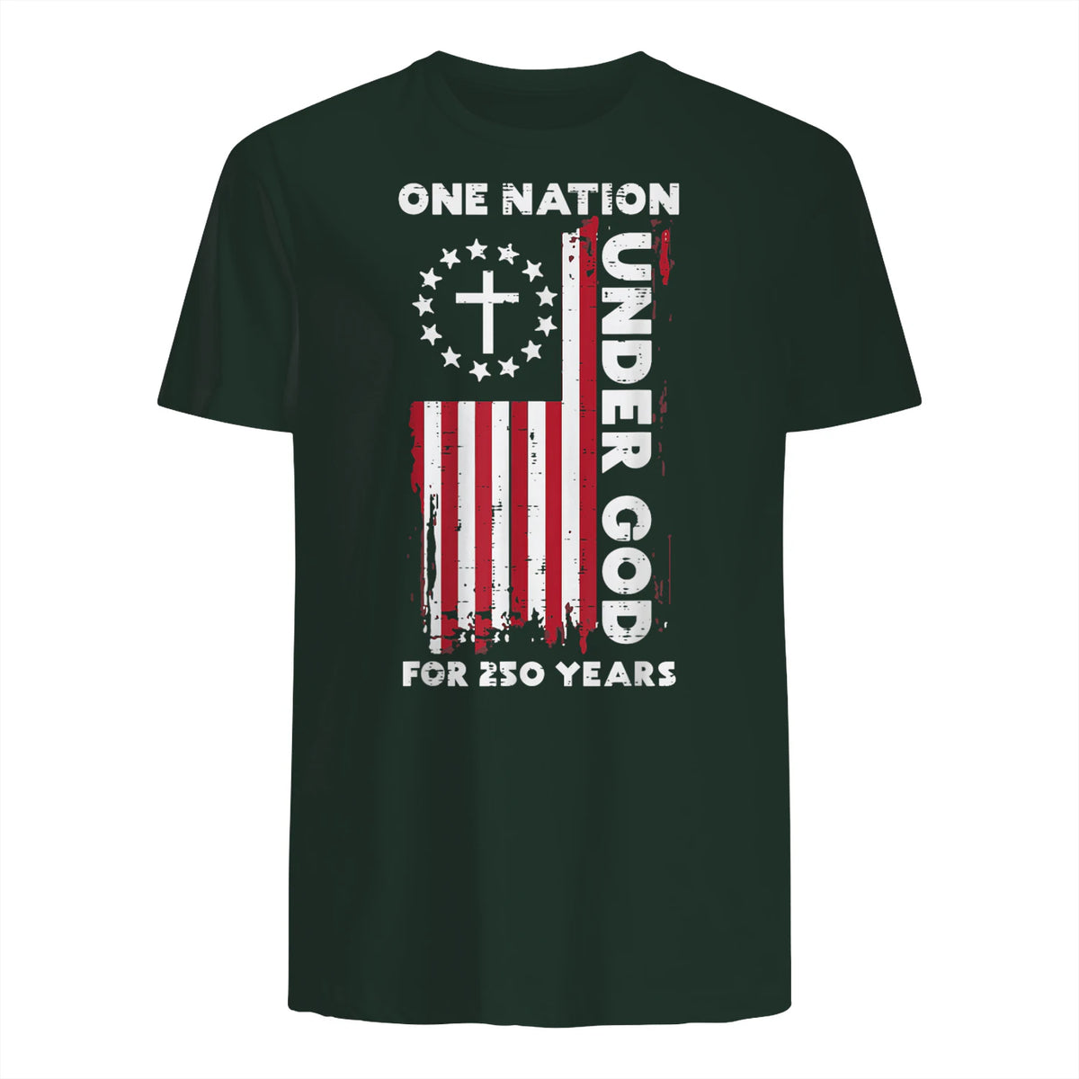 Christian American Flag Anniversary T-Shirt in Forest Green - back view