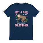 Just a Girl Who Loves Sloths Shirt Gift For Sloths Lover in Navy - back view