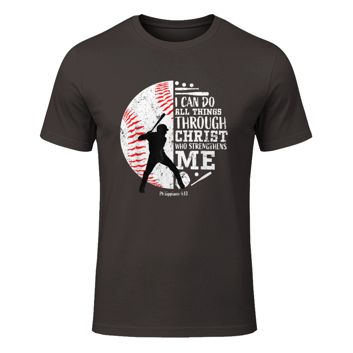 Philippians Four Thirteen Baseball Player Graphic with Bible Verse T-Shirt in Dark Chocolate - front view