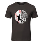 Philippians Four Thirteen Baseball Player Graphic with Bible Verse T-Shirt in Dark Chocolate - front view