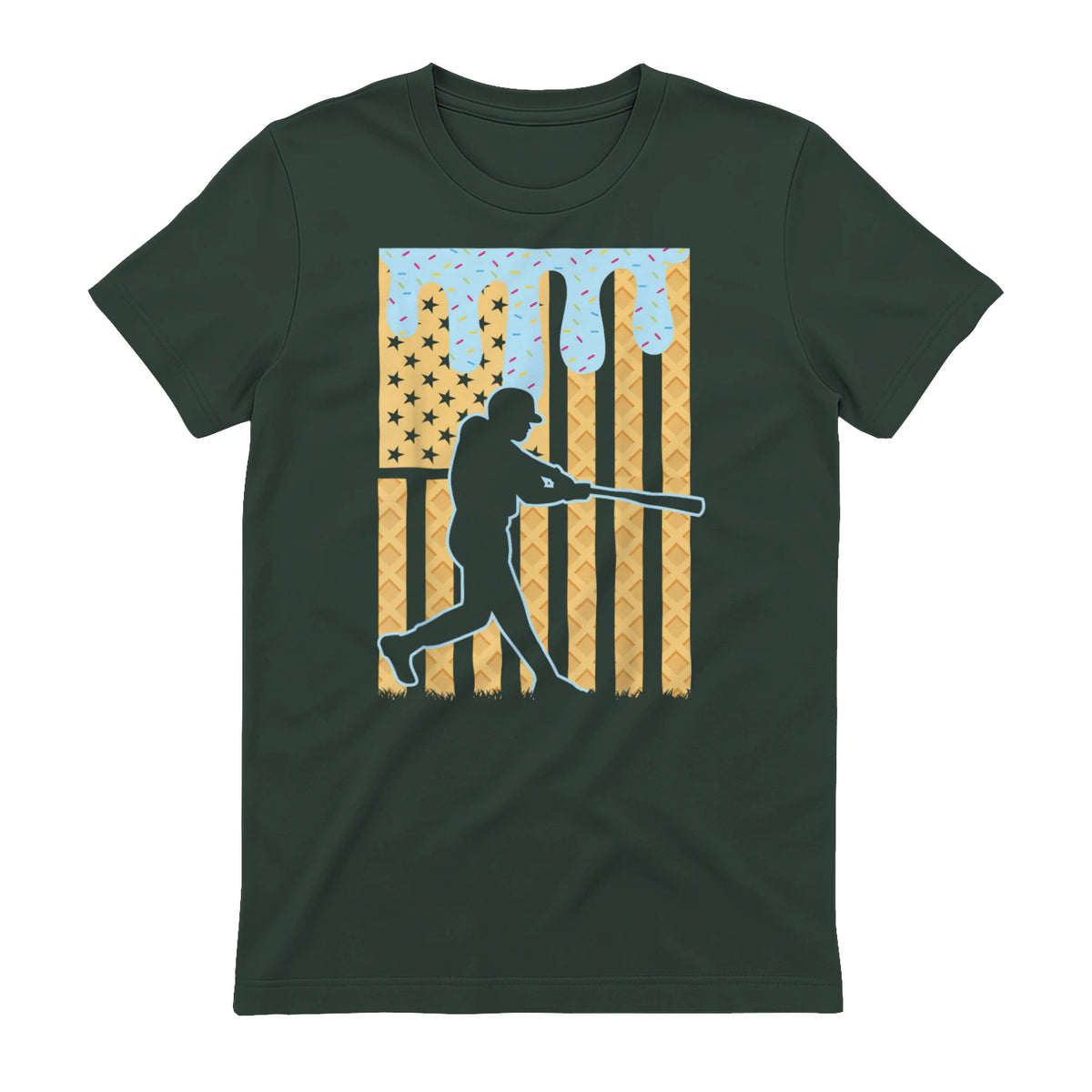 Baseball Drip Boys Dripping Ice Cream Baseball American Flag T-Shirt in Forest Green - back view
