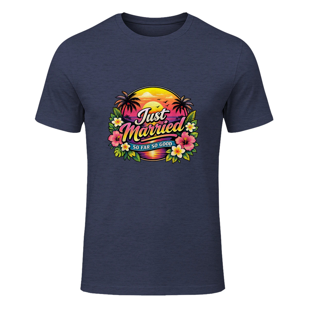 Couple de Jeunes mariés drôle Just Married Tropical Honeymoon in Heather Navy - front view