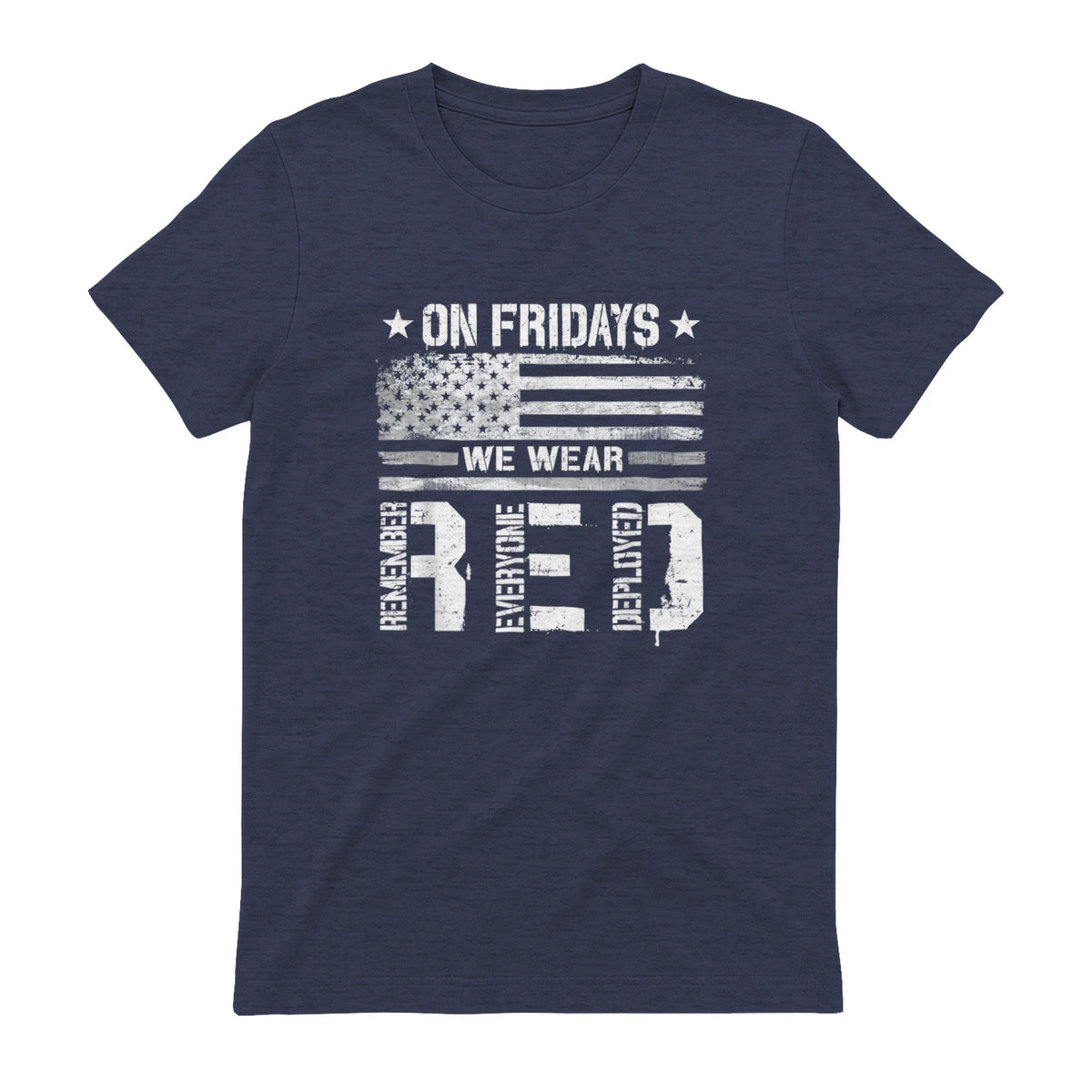 On Friday We Wear Red American Flag Military Supportive T-Shirt in Heather Navy - back view