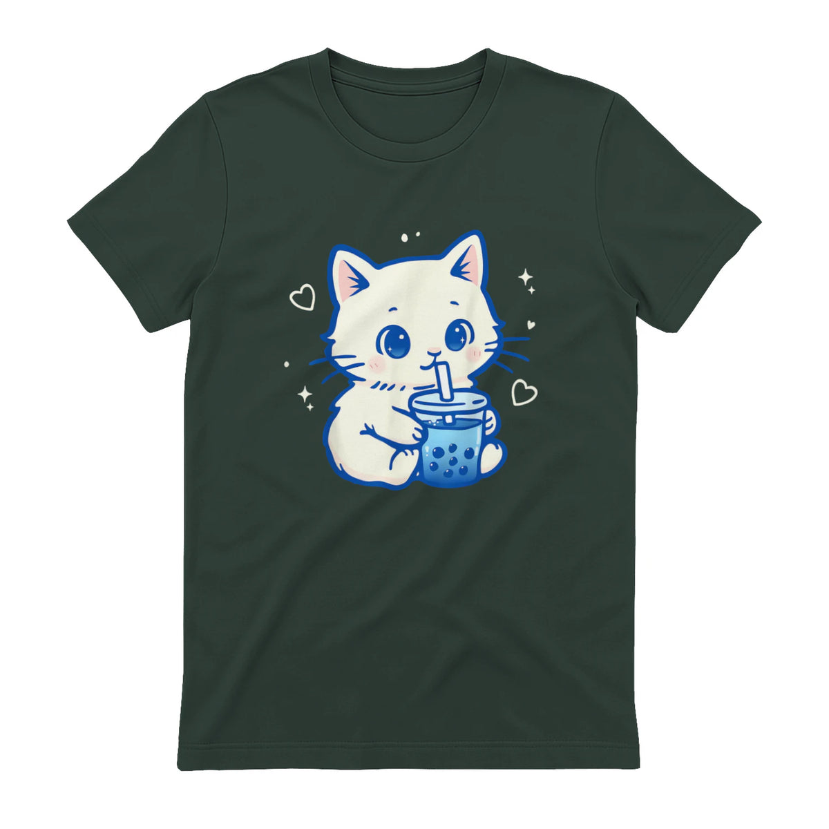 Kawaii Cat Boba Japanese Cute Aesthetic Anime Girls Teens T-Shirt in Forest Green - back view