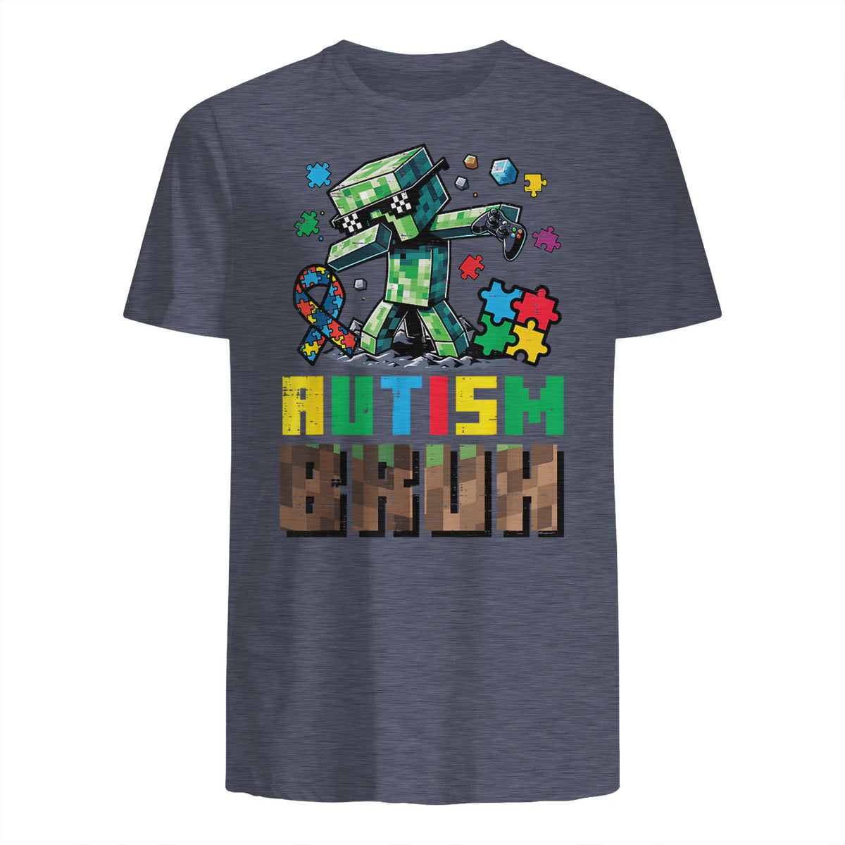Autism Bruh Dab ASD Awareness Gamer Boys Kids Youth in Heather Navy - back view