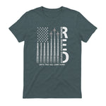 Remember Everyone Deployed RED Friday Military American Flag T-Shirt in Dark Heather - back view