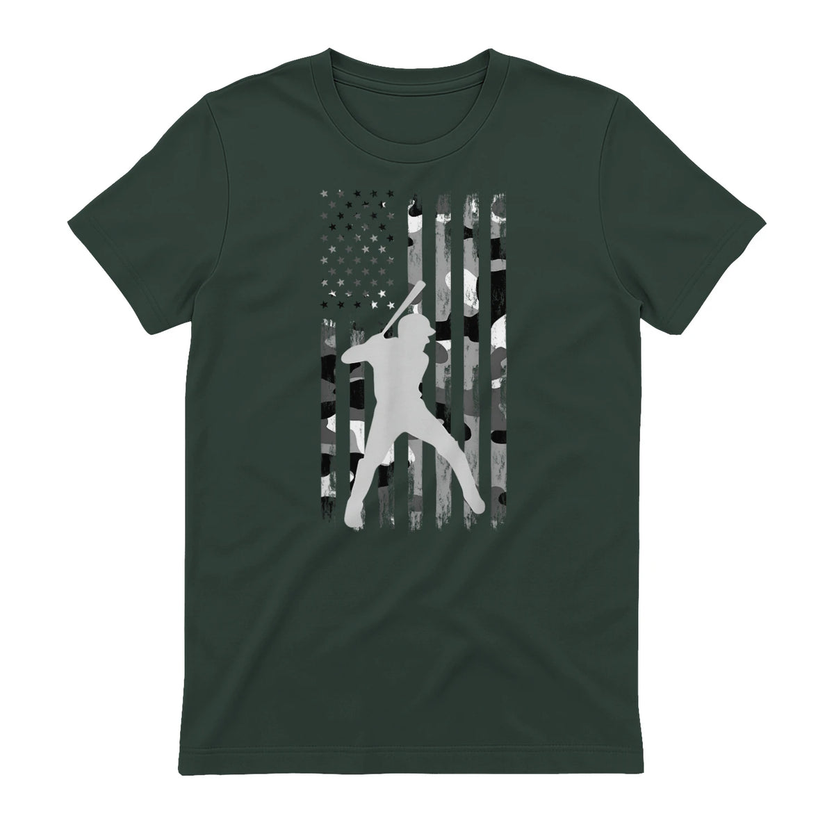 Baseball Player American Flag USA Camo Patriotic Graphic T-Shirt in Forest Green - back view