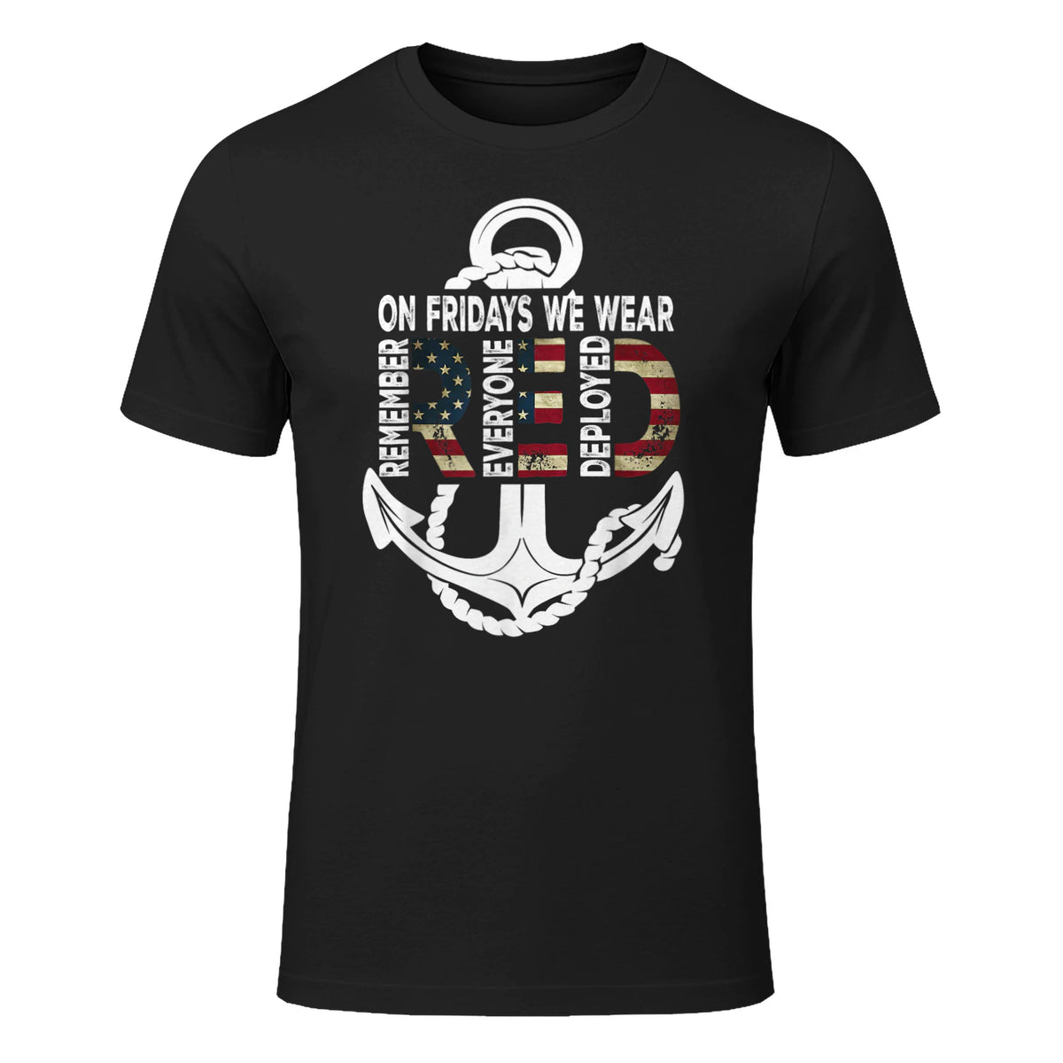 On Fridays We Wear Red Remember Everyone Deployed Navy T-Shirt in Black - front view