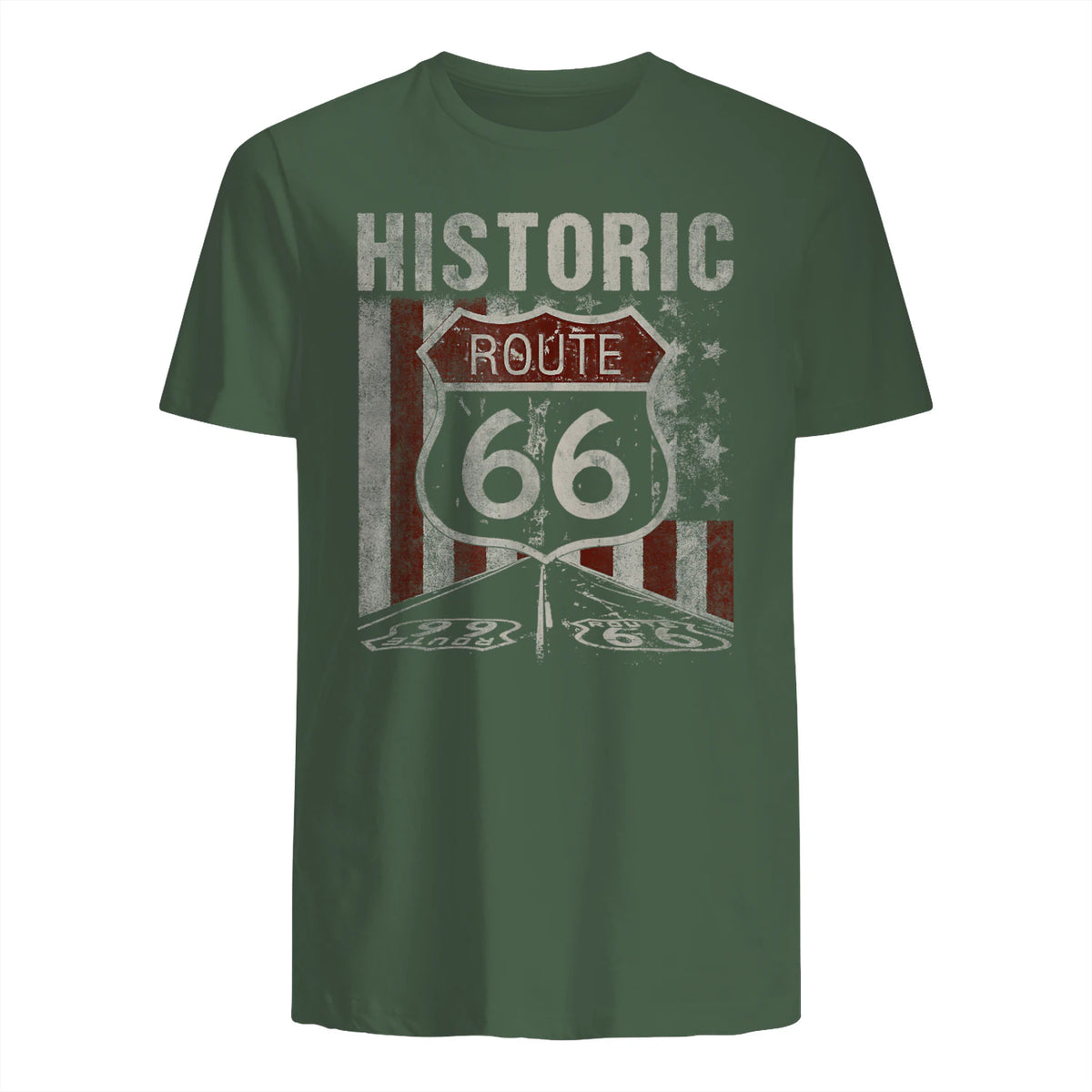 Historic USA Route Sixty-Six Highway Road Sign T-Shirt in Military Green - back view