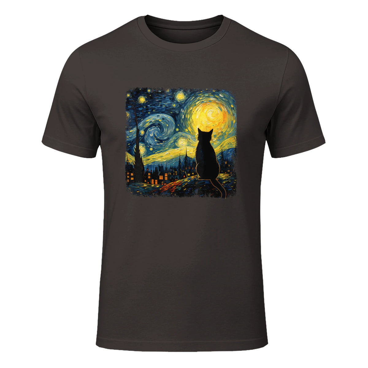 Starry Night Cat Lover T-Shirt in Dark Chocolate - front view