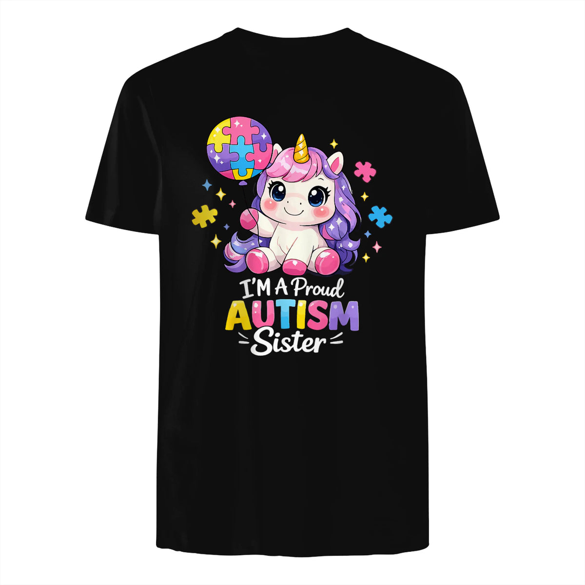 Proud Sister Autism Awareness Cute Unicorn Puzzle Girls in Black - back view