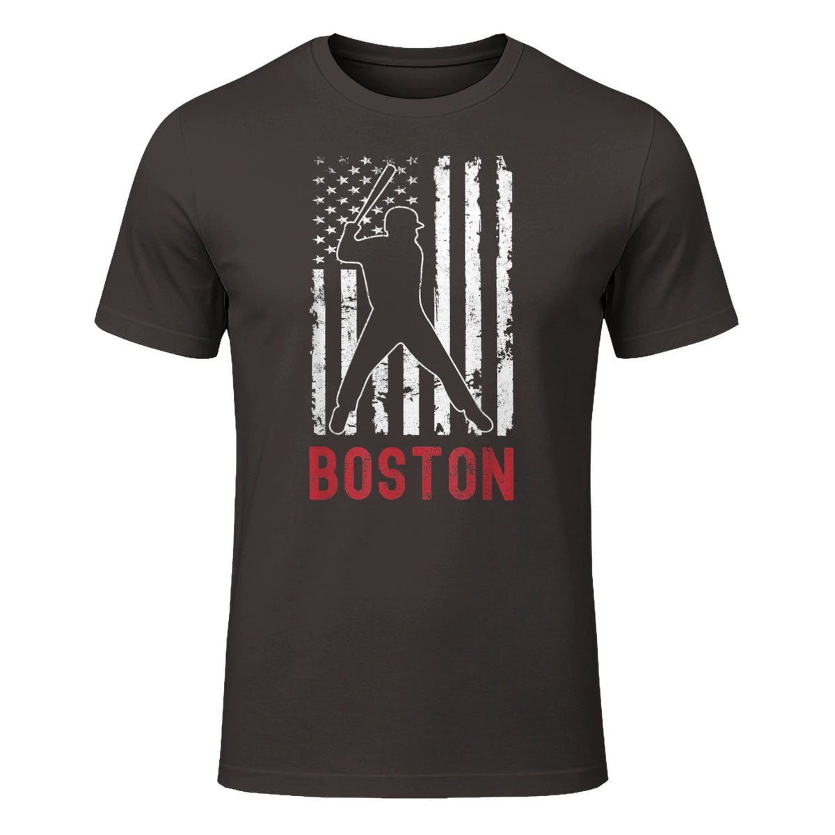 Boston Massachusetts American Flag Baseball Weathered T-Shirt in Dark Chocolate - front view