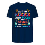 Autism Rocks Rolls Spins Flaps Awareness Boys Kids Women Men in Navy - back view