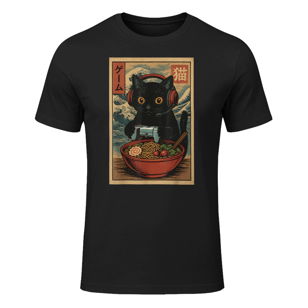 Cute Kawaii Gamer Cat Funny Ramen Retro Japanese Cat Gaming T-Shirt in Black - front view
