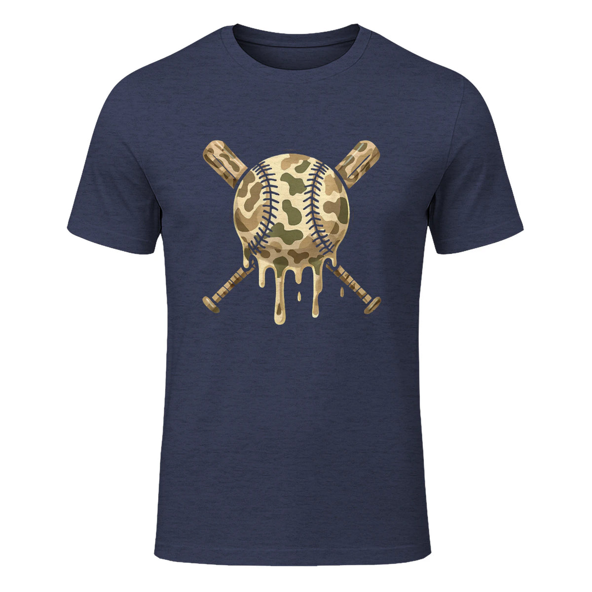 Baseball Drip Camo Baseball Bats Boys Sports Cool Game Day T-Shirt in Heather Navy - front view