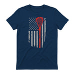 Vintage American Flag Lacrosse Youth Apparel, Boys Men USA T-Shirt in Navy - back view