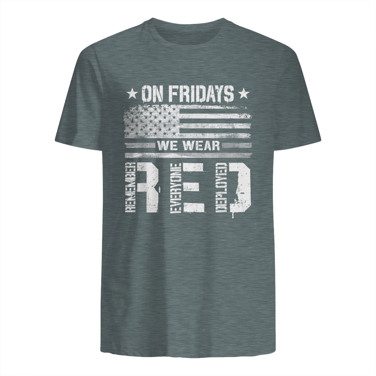 On Friday We Wear Red American Flag Military Supportive T-Shirt in Dark Heather - back view