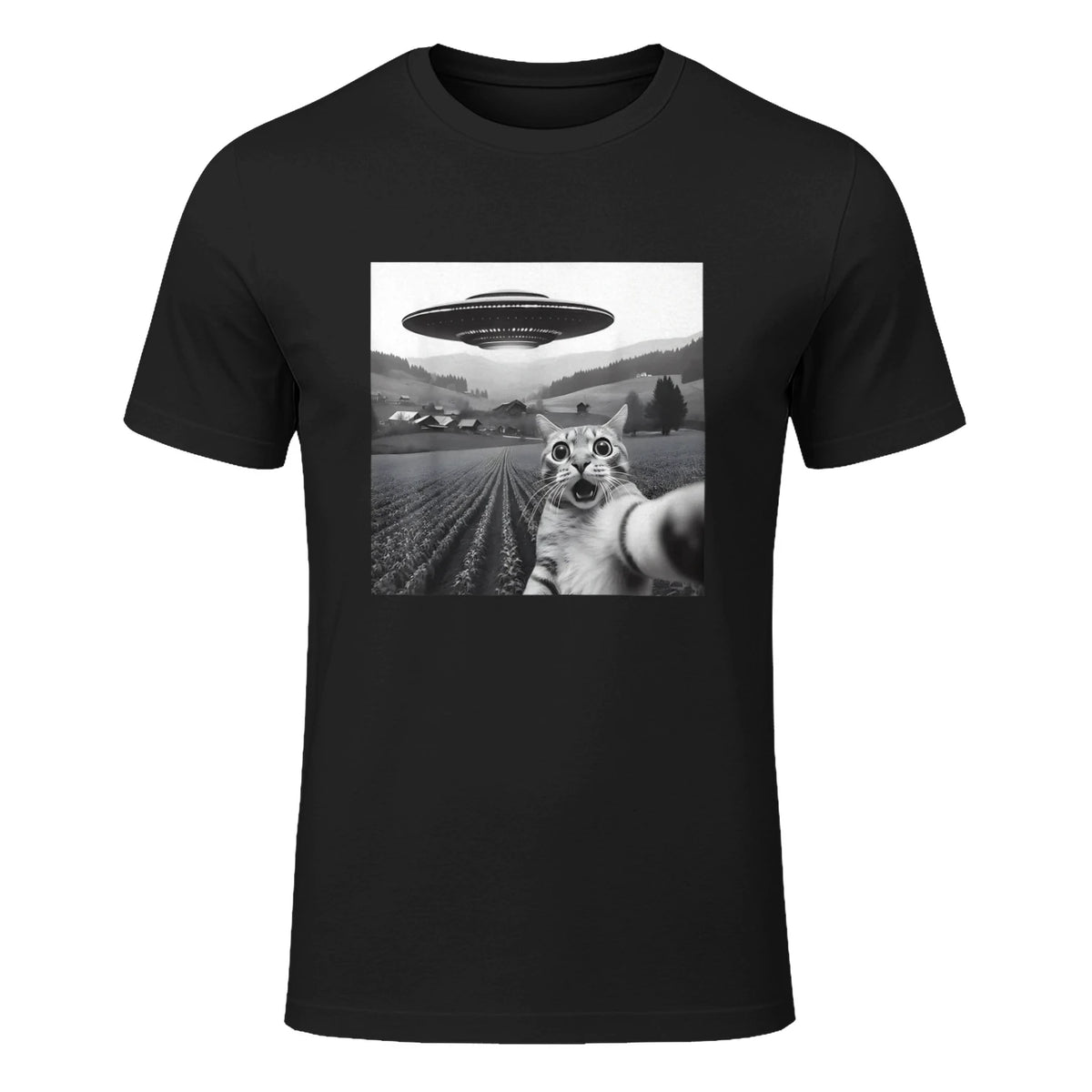 Cat Selfie With Alien UFO Funny Cat Gifts For Men Women Kid T-Shirt in Black - front view