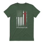 Christian US USA Flag American Christ Faith Over Fear Cross T-Shirt in Military Green - back view