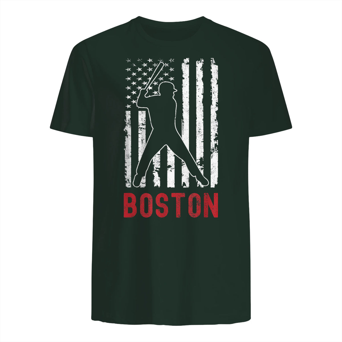 Boston Massachusetts American Flag Baseball Weathered T-Shirt in Forest Green - back view