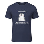 Funny Penguin T-Shirt Cute Just Really Like Penguins Shirt in Heather Navy - front view