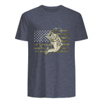 Fishing Camouflage US American Flag Bass Fish Fisherman Camo T-Shirt in Heather Navy - back view