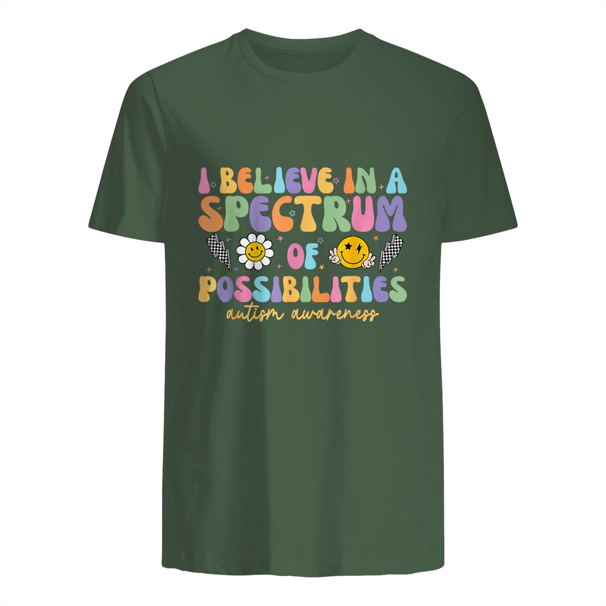 I Believe in A Spectrum of Possibilities Autism Awareness in Military Green - back view