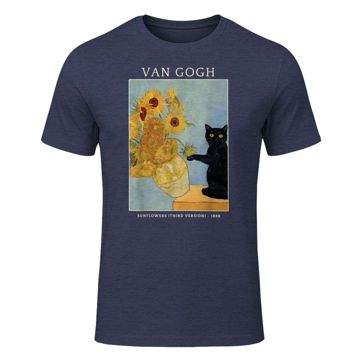 Funny Cat & Sunflowers Van Gogh Art Parody Vintage T-Shirt in Heather Navy - front view