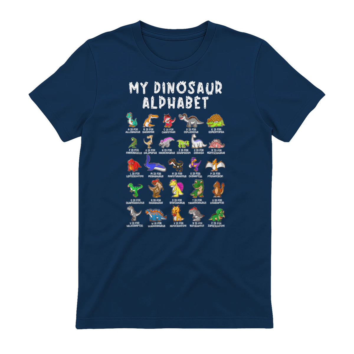 Types Of Dinosaurs Alphabet Dino Identification T-Shirt in Navy - back view