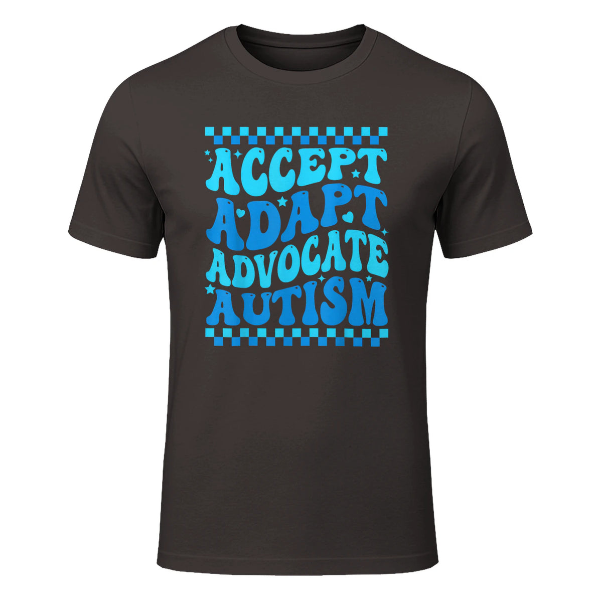 Accept Adapt Advocate Autism Awareness T-Shirt in Dark Chocolate - front view