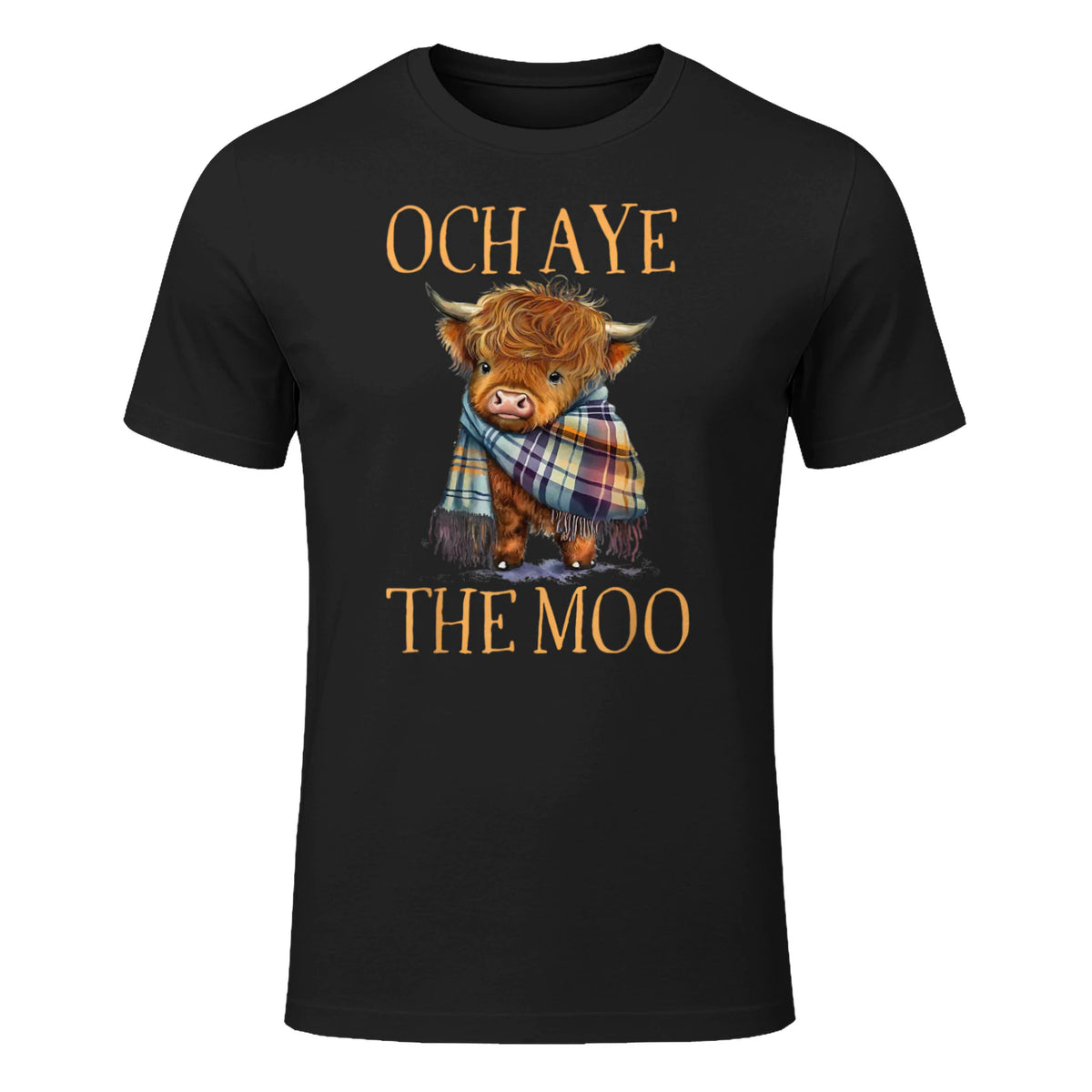 Och Aye The Moo Scotland's Highland Cattle Shop Scottish Highland Cow Funny Saying T-Shirt - Black, Small in Black - front view