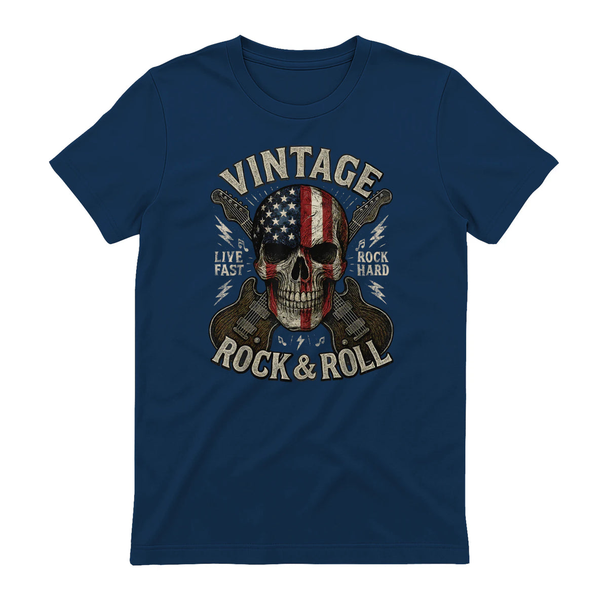 Vintage Rock Skull American Flag Guitar Retro Rock and Roll T-Shirt in Navy - back view