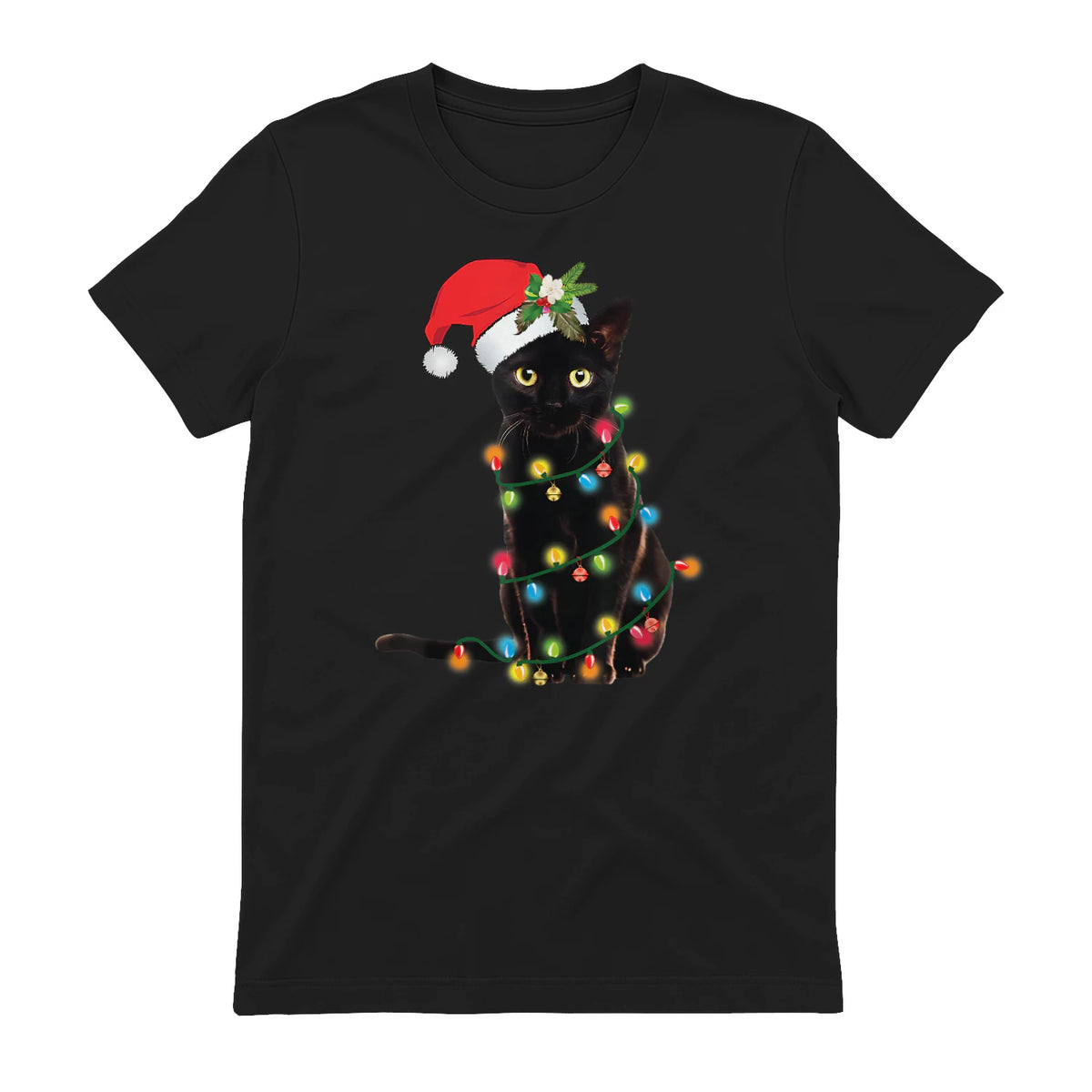 Santa Black Cat Tangled Up In Christmas Tree Lights Holiday in Black - back view